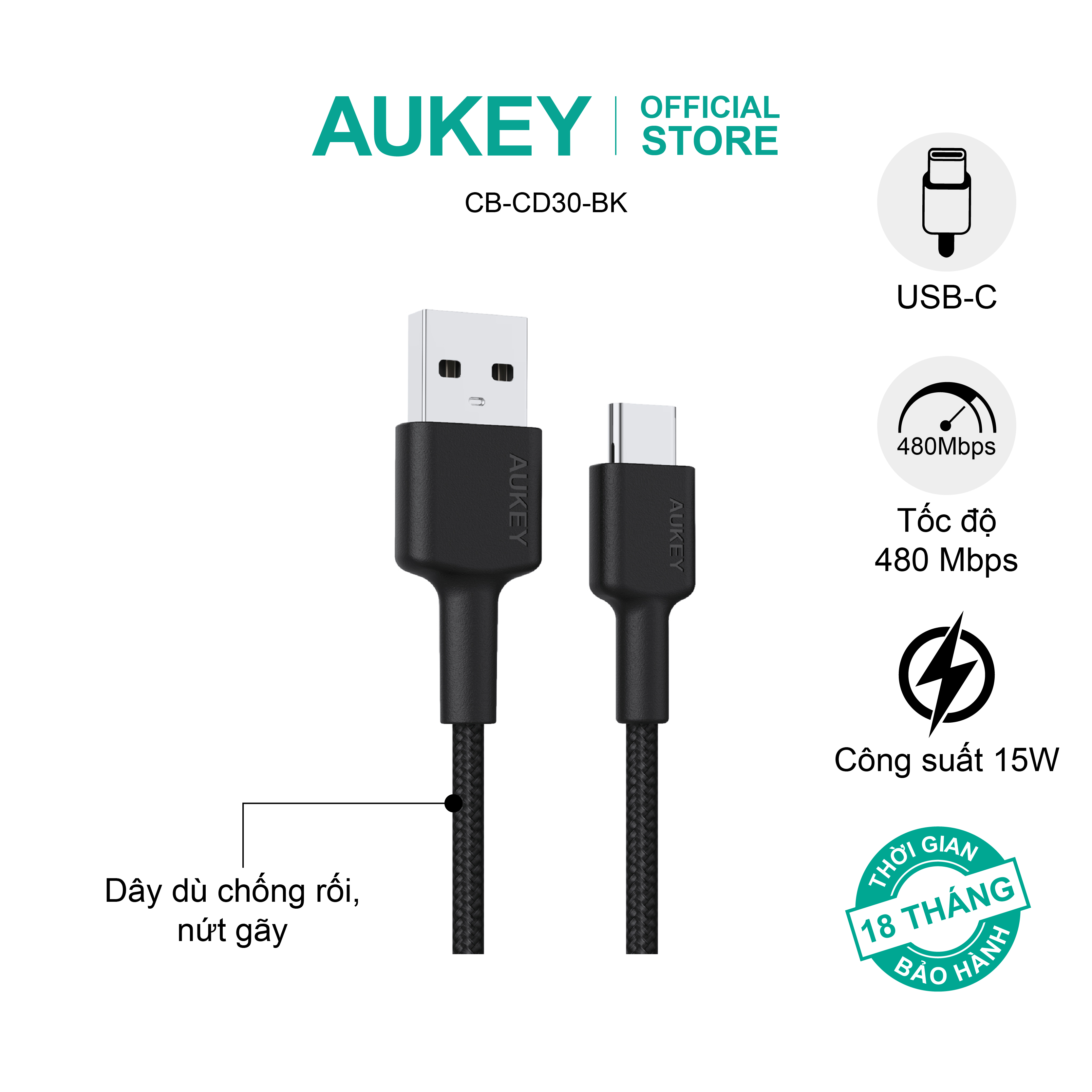 Dây cáp lõi đồng Aukey USB-A to Lighning MFI 0.9 mét CB-BAL7, hàng chính hãng