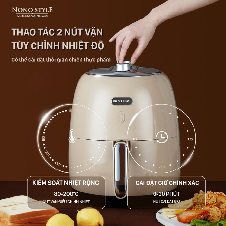 Nồi Chiên Không Dầu Cơ BIYI AF-80 - Nút điều chỉnh nhiệt độ & thời gian cơ phong cách retro - Hàng chính hãng