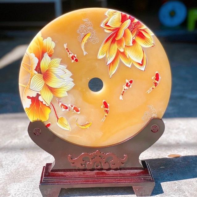 Đồng Điếu CÁ CHÉP LIÊN HOA Đá Ngọc Hoàng Long - Đường Kính 30cm