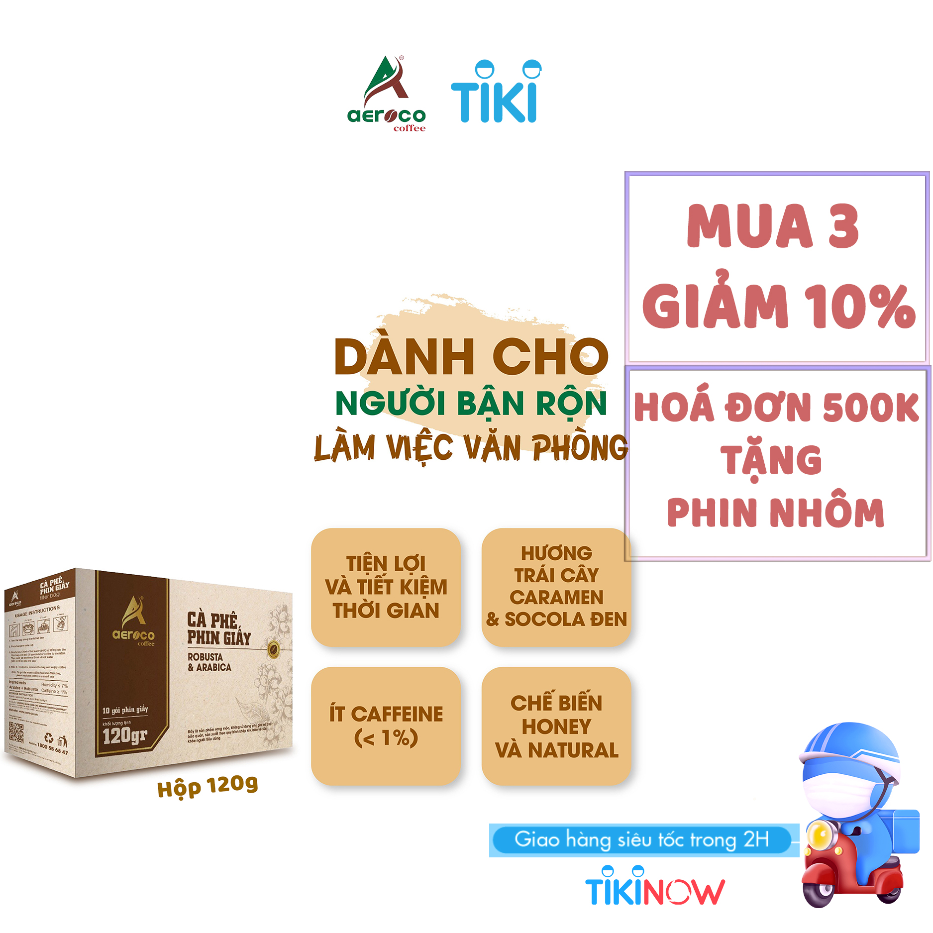 [Hộp 10 túi*12g] Cà phê phin giấy AEROCO nguyên chất 100% rang mộc hậu vị ngọt thơm quyến rũ