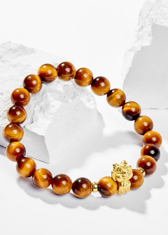 Vòng Tay Phong Thủy Đá Mắt Hổ Vàng Nâu Phối Charm Tuổi Thìn Bạc Mạ Vàng 24K  Mệnh Thổ, Kim Ngọc Quý Gemstones