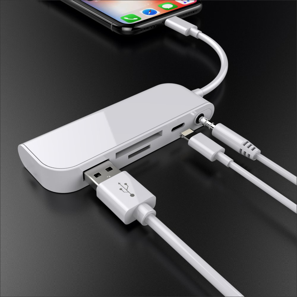 Bộ adapter chia cổng Lightning 5 trong 1 tích hợp đầu đọc thẻ TF/SD x cổng Audio Headphone 3.5MM x USB female x lightning female