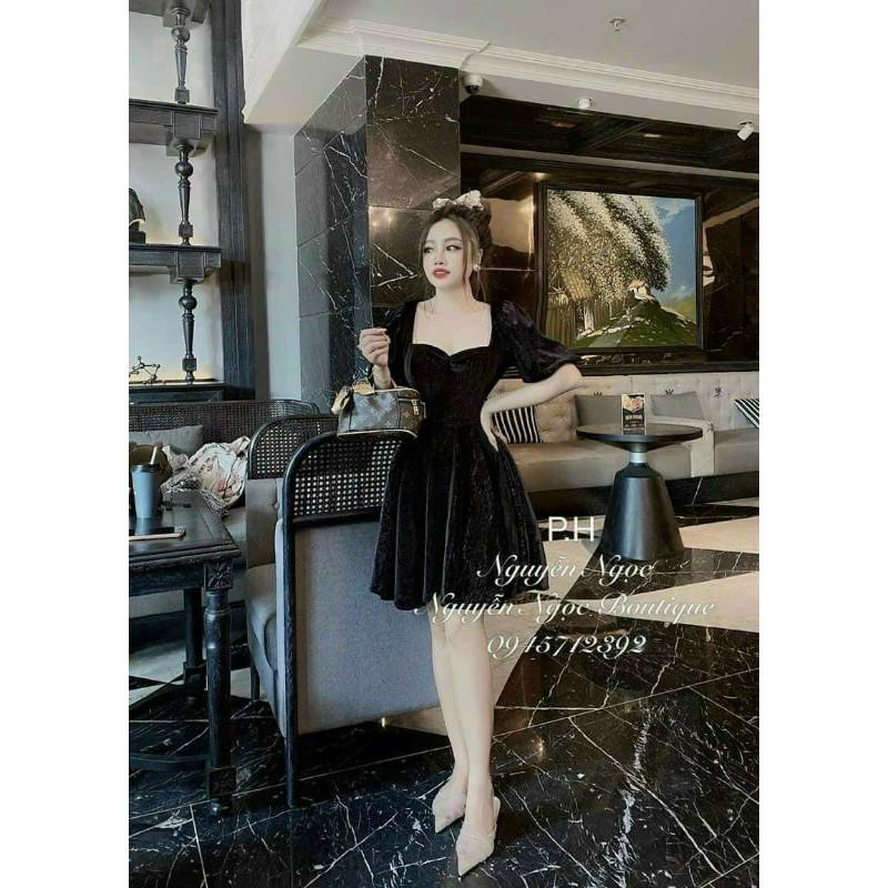 ĐẦM NHUNG ĐEN TAY BỒNG XOÈ XẾP LY