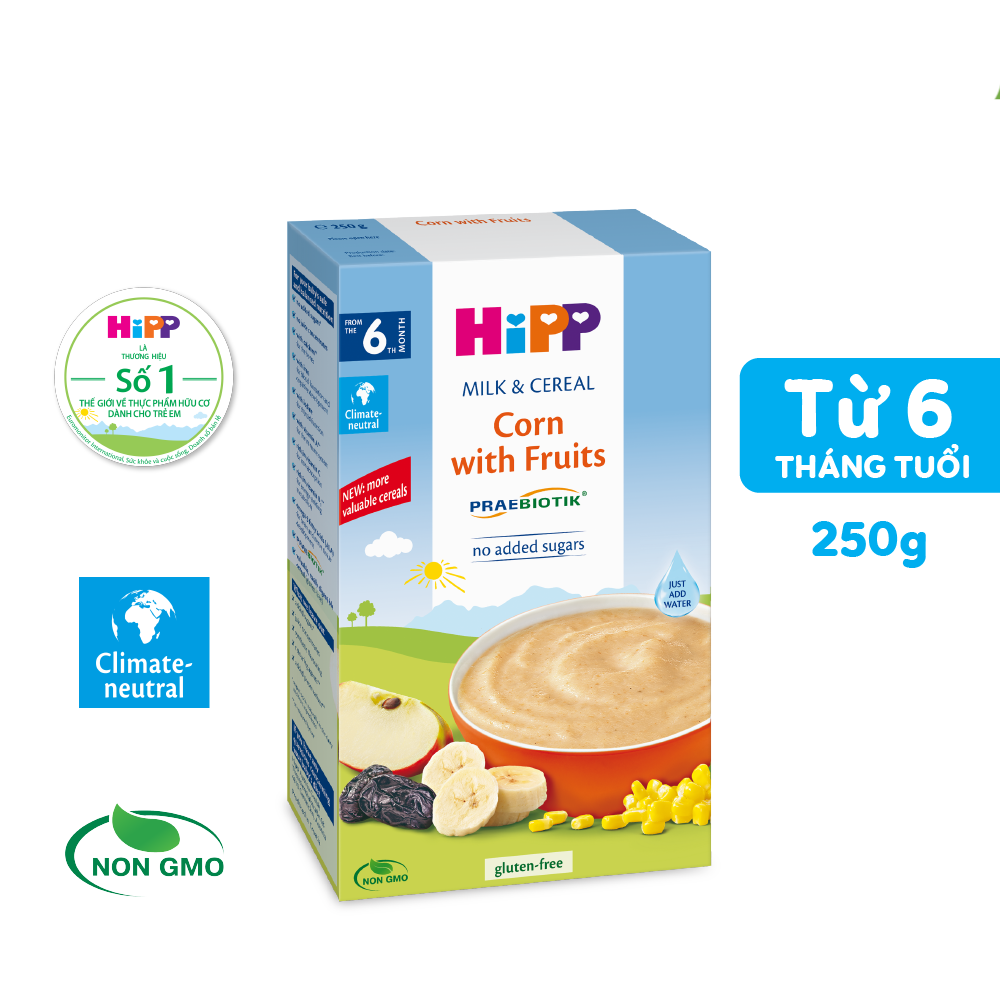 Bột sữa DD hoa quả HiPP Organic - Chuối, đào 250g cho bé từ 6 tháng tuổi