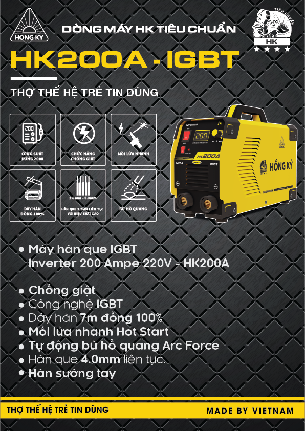 Máy hàn que MMA Hồng Ký IGBT Inverter 200 Ampe 220V HK200A