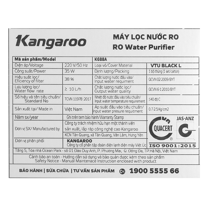 Máy lọc nước RO 7 lõi lọc Kangaroo KG88A - Hàng chính hãng