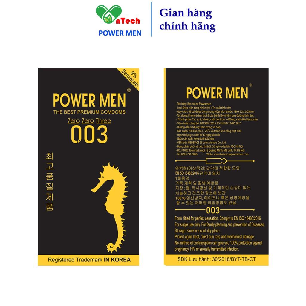 Bao cao su POWER MEN 0.03 siêu mỏng trơn siêu kéo dài thời gian chứa 9% Benzocain hạn chế xuất tinh sớm hộp 12 cái