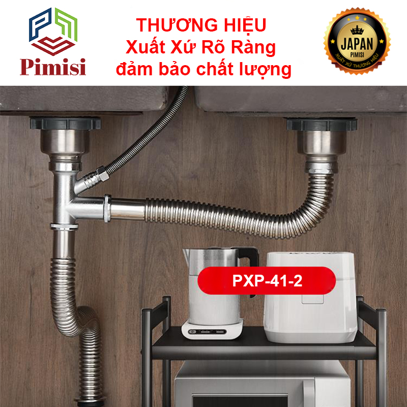 Xi Phông Chậu Rửa Bát Đôi Inox 304 Pimisi PXP-41-2 Cao Cấp Kiểu Chun Uốn - Kim Loại Bẻ Cong Được, Dùng Cả Nước Nóng Lạnh, Xả Thải Nước Bồn Rửa Chén 2 Hố Thu 11 cm - Thoát Nhanh, Chống Mùi Hôi Và Côn Trùng Gián, Chuột Cắn Phá - Có Thoát Tràn | Chính Hãng
