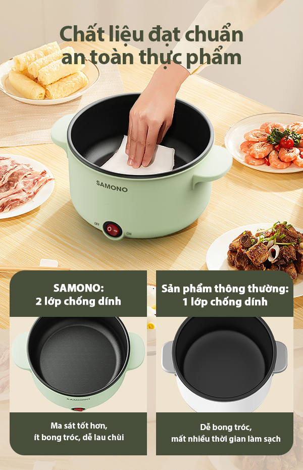 Nồi Điện Đa Năng SAMONO Lòng Nồi Chống Dính Dung Tích 1.2 Lít Công Suất 600W Chất Liệu An Toàn Thực Phẩm Kèm Nồi Hấp  SW-DG04  HÀNG CHÍNH HÃNG