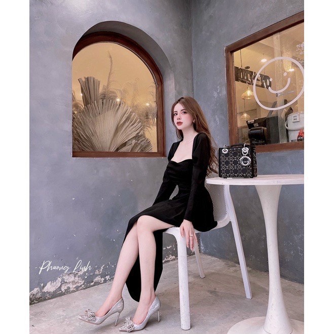 ĐẦM CỔ TÂY TAY DÀI BÈO LAI 2 MÀU Y HÌNH