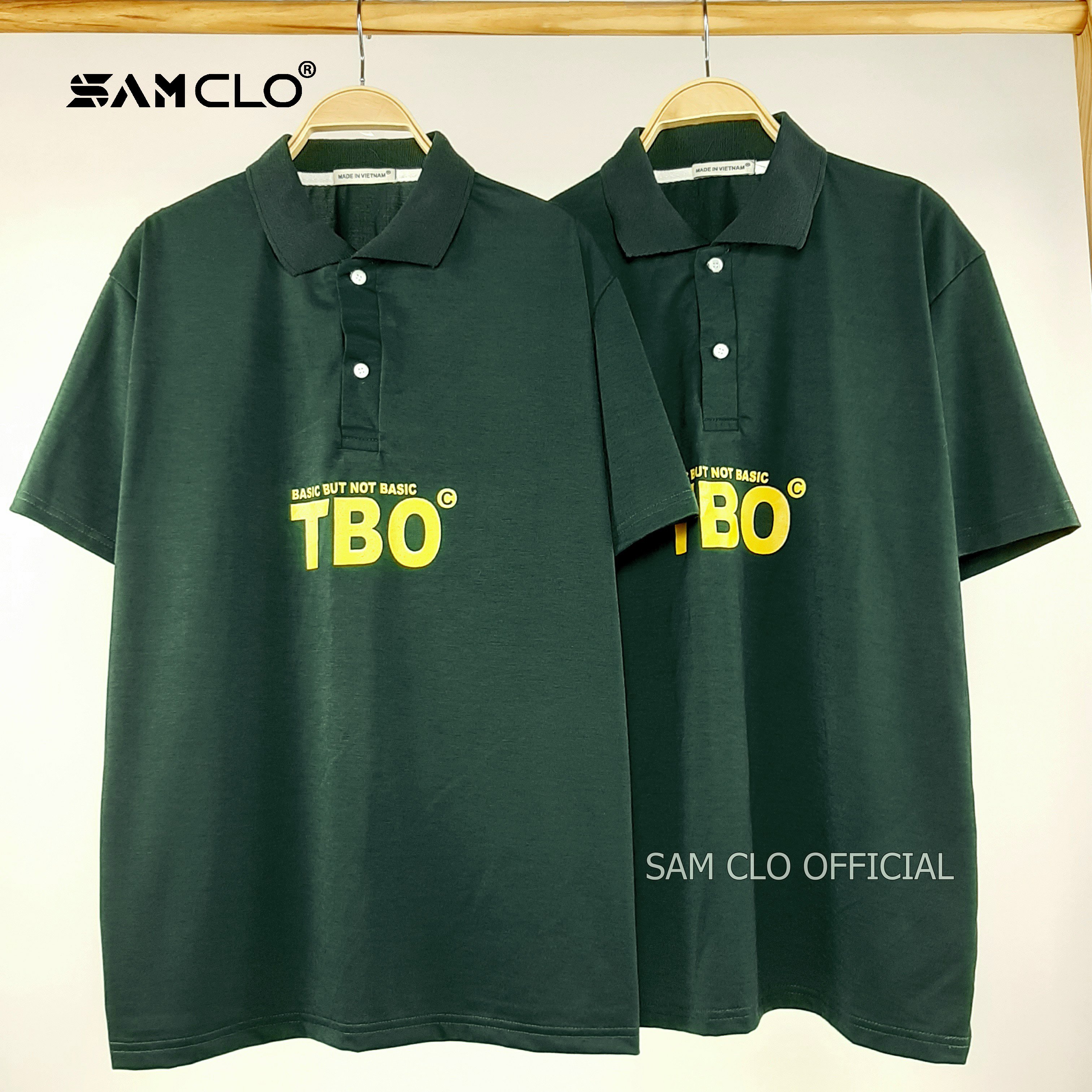 Áo thun Polo tay lỡ SAM CLO có cổ form rộng phông freesize dáng unisex mặc cặp, nhóm, lớp, đi học in chữ VÀNG TBO