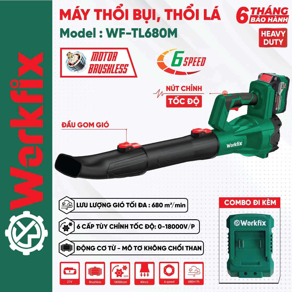 Máy thổi Lá Dùng Pin Wokfix WF-TL680M,Công Suất 680W , Dùng pin phổ thông