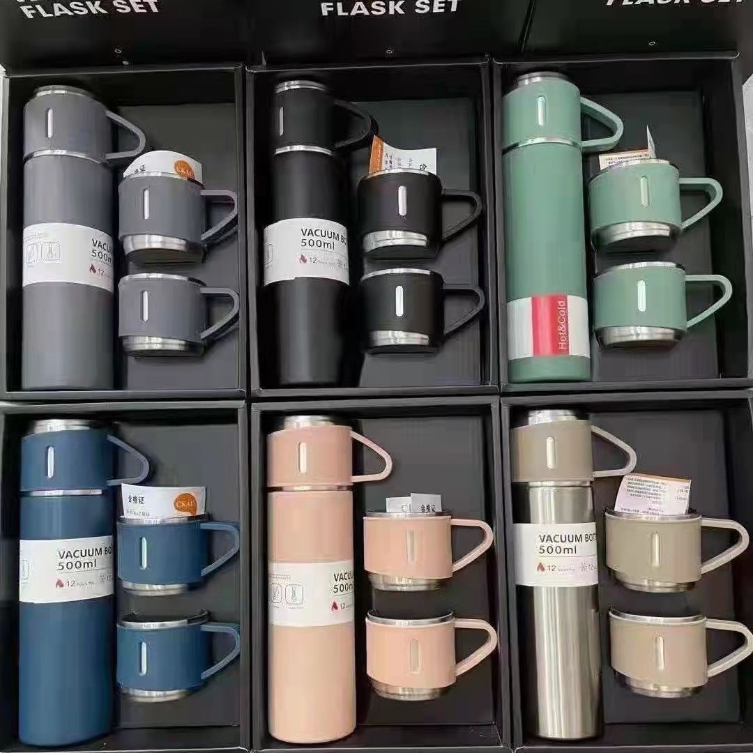 Set Bình Giữ Nhiệt + 2 Ly Cách Nhiệt Vacuum Flask 500ml Inox Cao Cấp MÀU XÁM SÁNG TƯƠI VÀ ĐEN  - Dru Hàng Chính Hãng