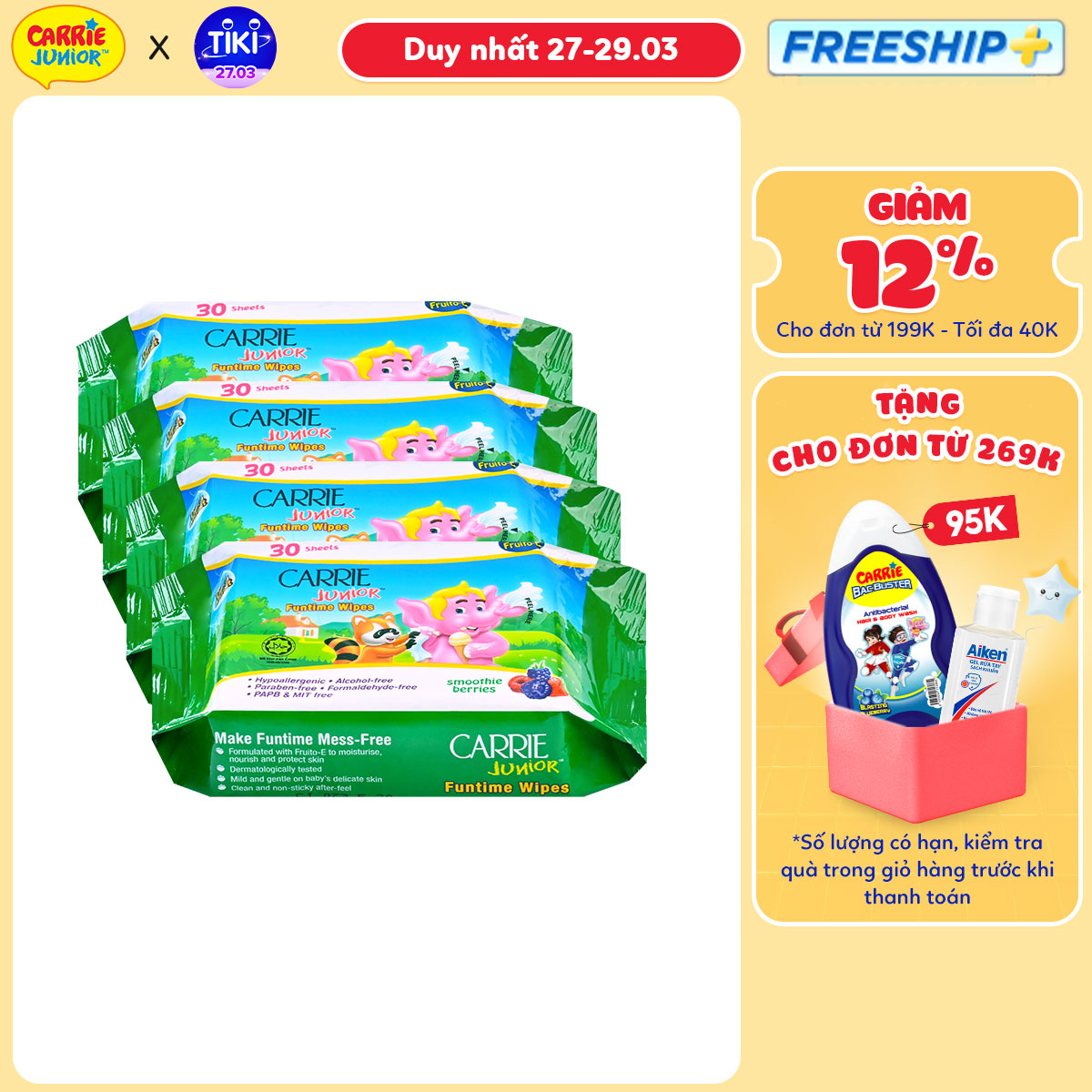 Combo 4 Gói Khăn Giấy Ướt Carrie Junior Funtime Smoothie Berries 30 tờ/ gói