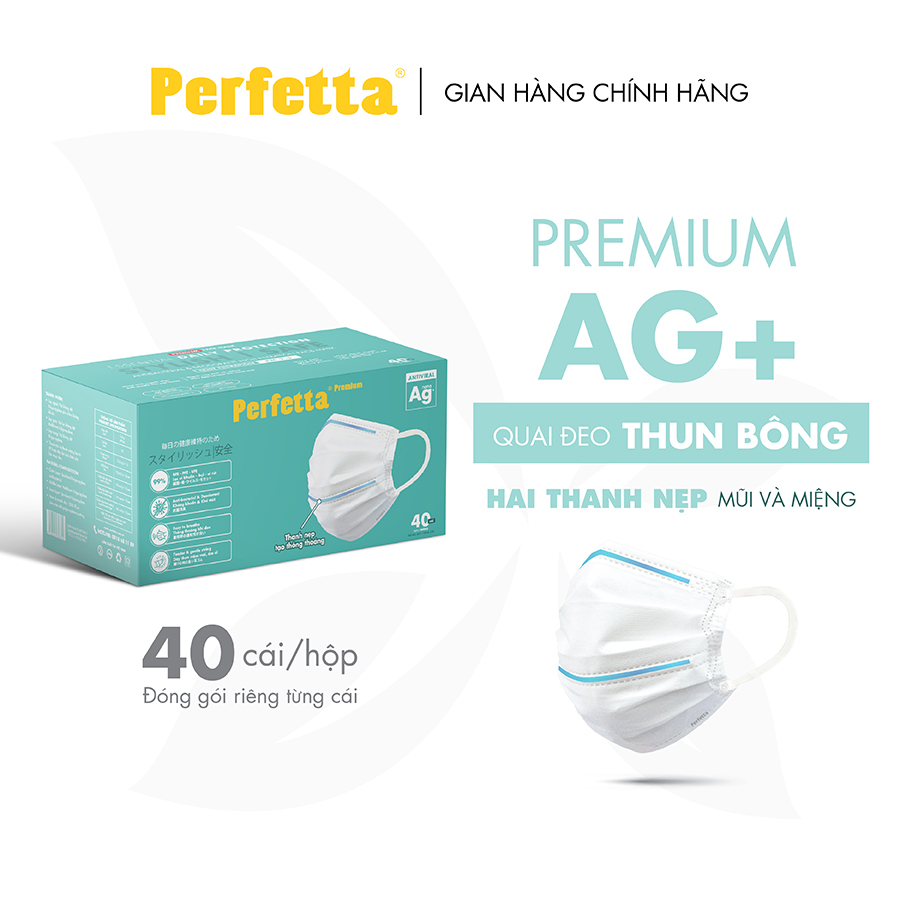 Khẩu Trang Y Tế Cao Cấp Chuẩn Nhật Bản Perfetta Premium AG+, 2 Thanh Nẹp Thông Thoáng (40 cái/hộp)