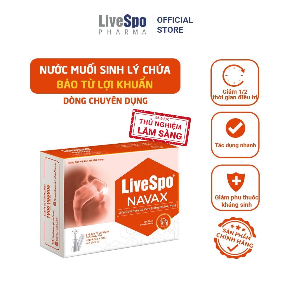 Combo Hộp nước muối sinh lý bào tử lợi khuẩn LiveSpo Navax Kids 5 ống x 5ml và Hộp Livespo Navax chuyên dụng 4 ống x 5ml