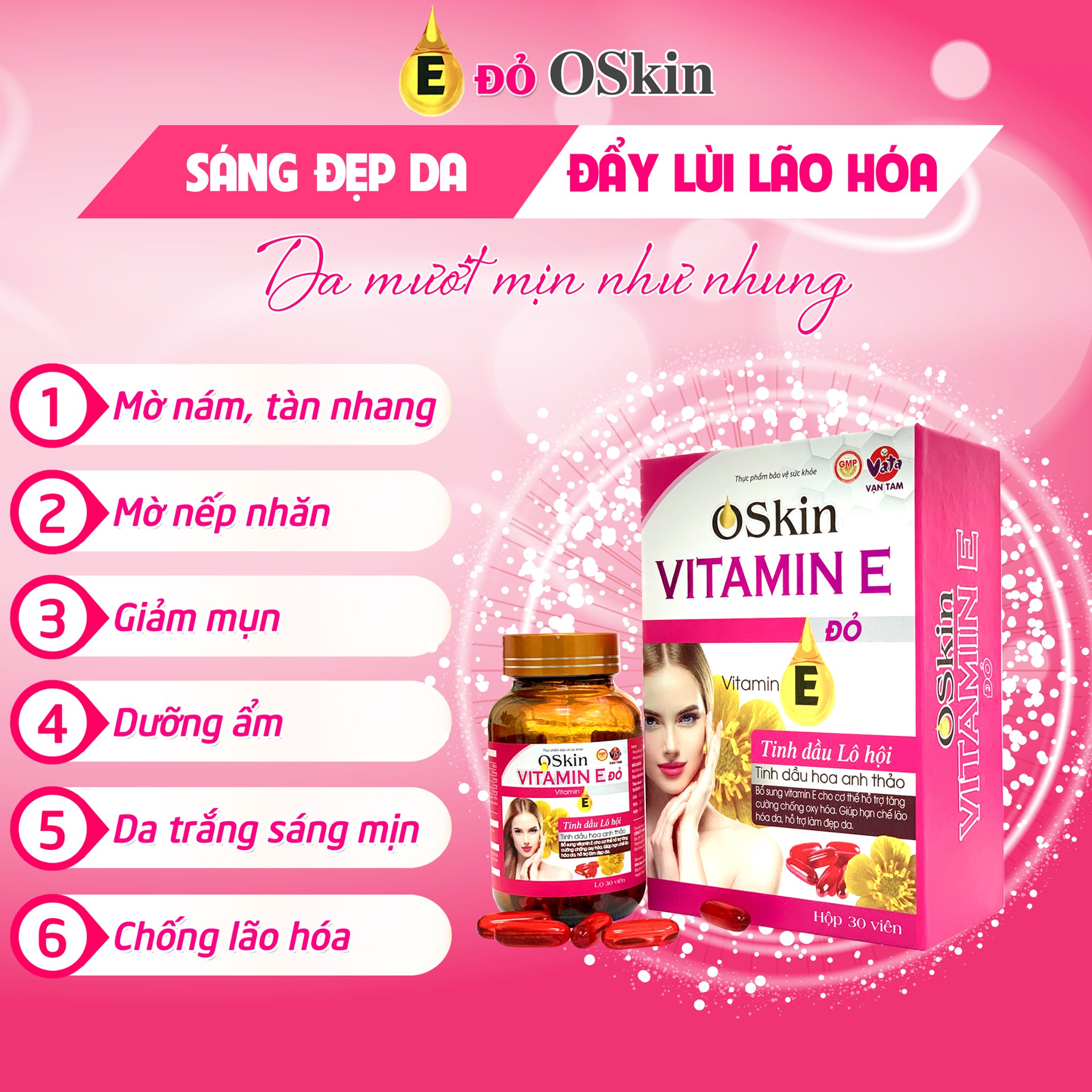 Viên uống Oskin Vitamin E Đỏ hỗ trợ trẻ hóa làm trắng cải thiện sạm nám ngăn ngừa lão hóa da