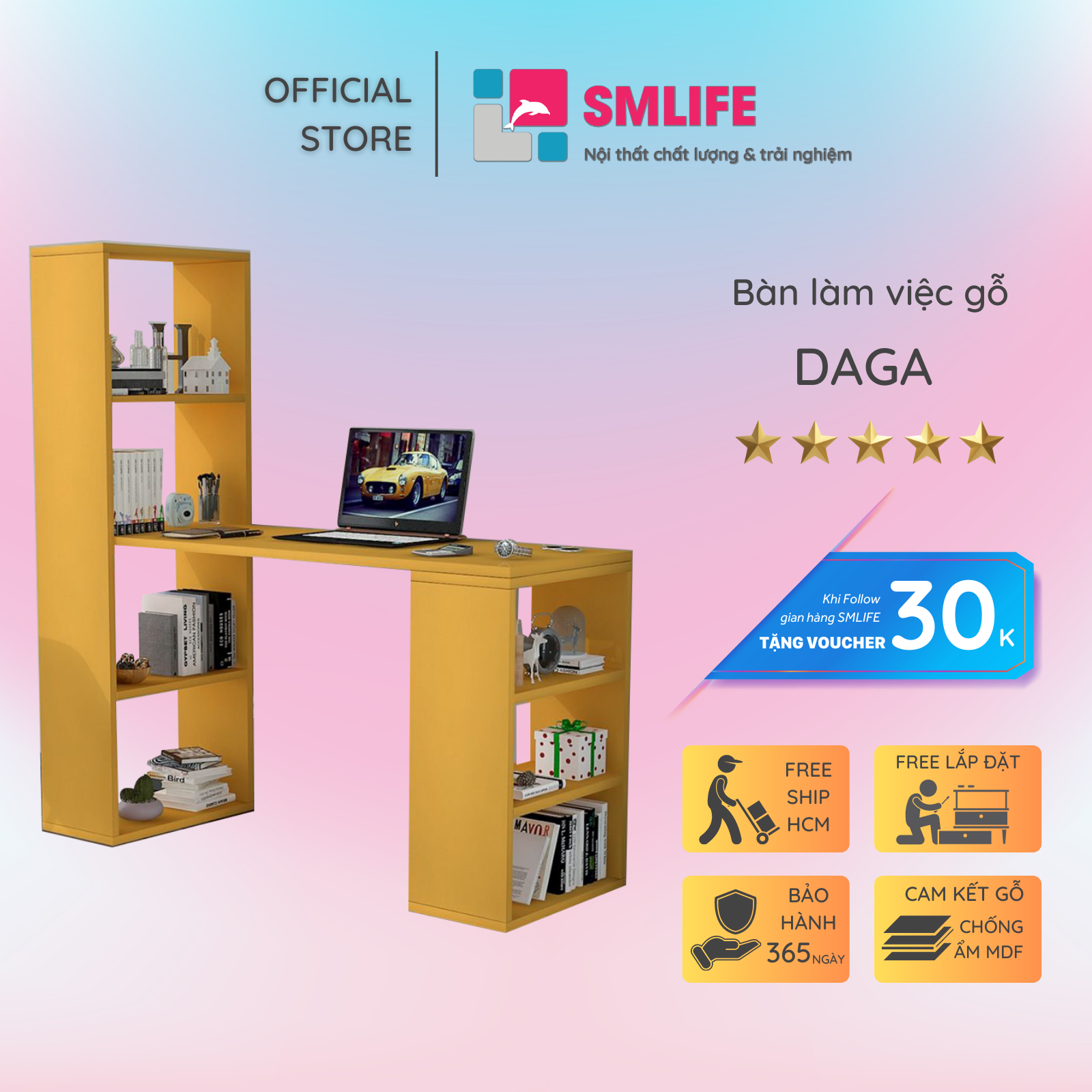 Bàn liền hộc bằng gỗ thiết kế đẹp SMLIFE Daga