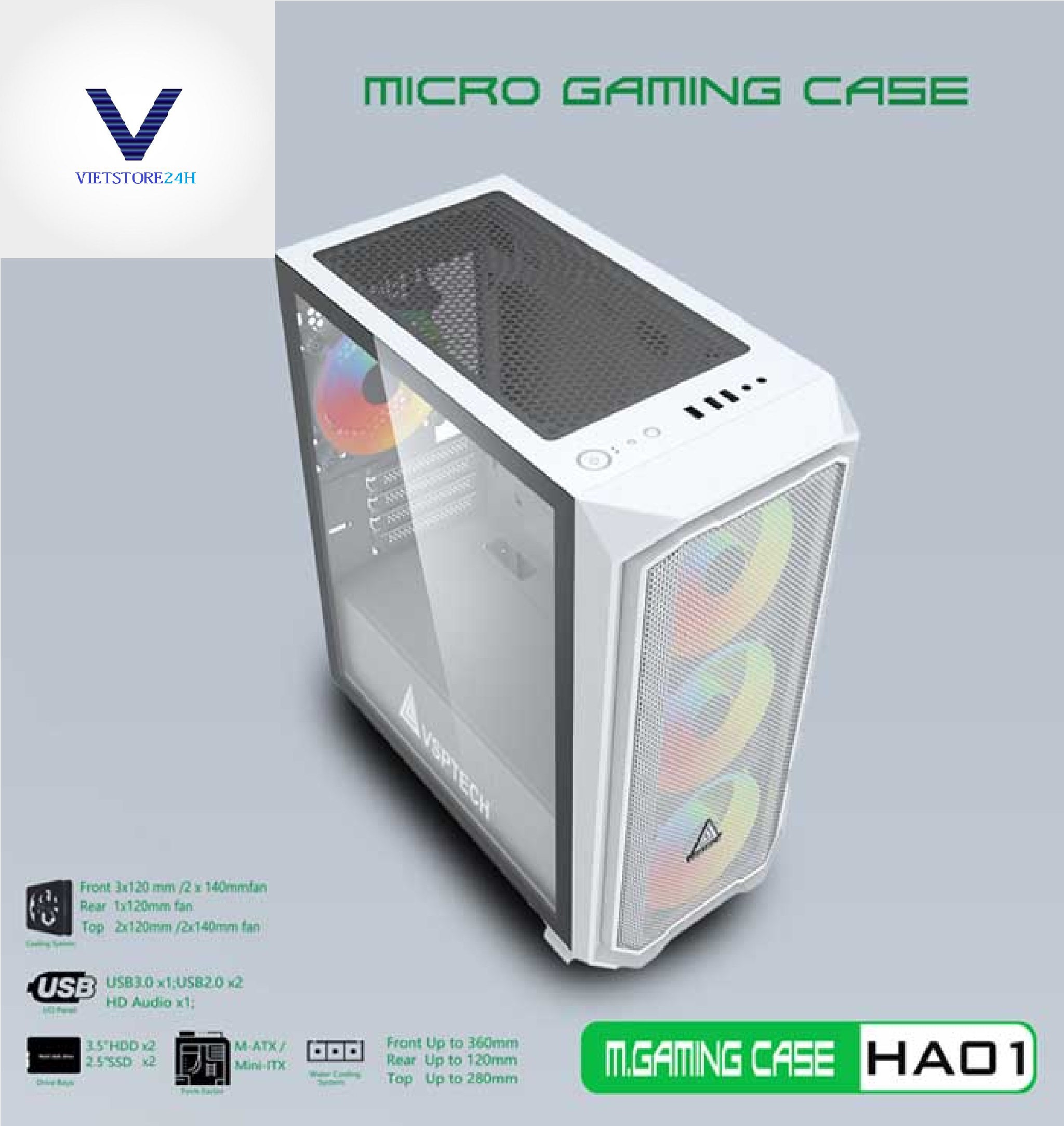 Case Gaming VSP HA01 Mini Tower (Trắng) - Hàng chính hãng