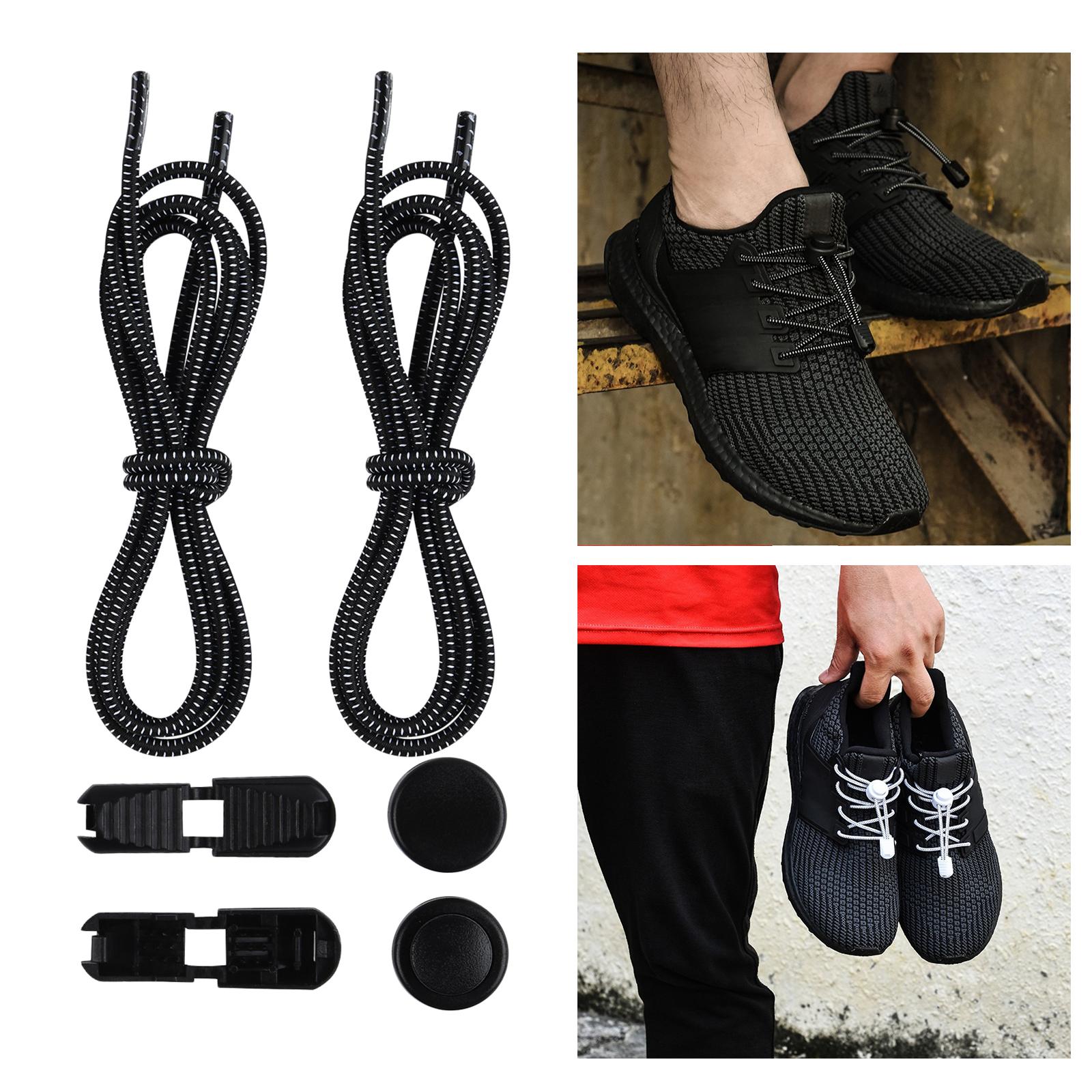 2xNo Tie Elastic Shoelaces Lock Laces Fastening Shoe Strings Black