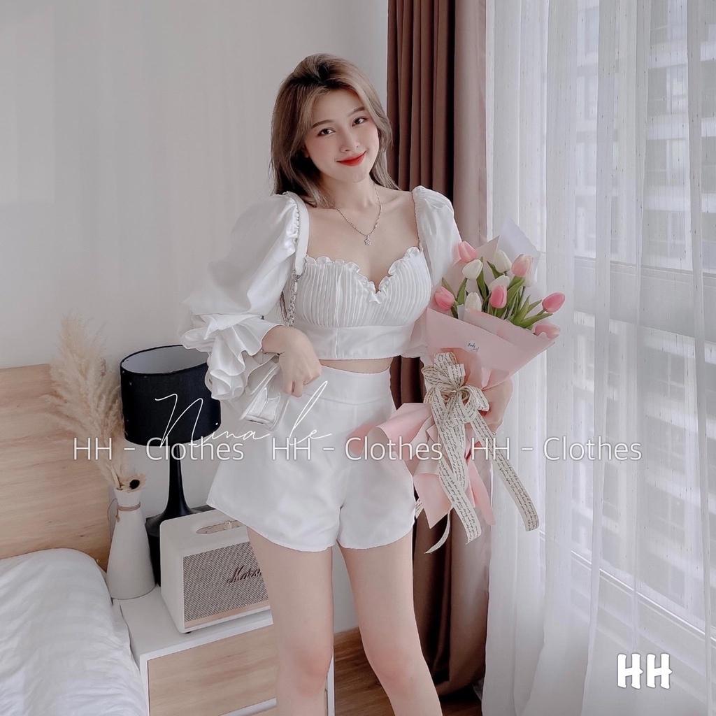 SET BỘ ĐI CHƠI, SET 2 MÓN ÁO CROPTOP CỔ VUÔNG TAY PHỒNG DÀI PHỐI QUẦN ĐÙI CỰC NỮ TÍNH