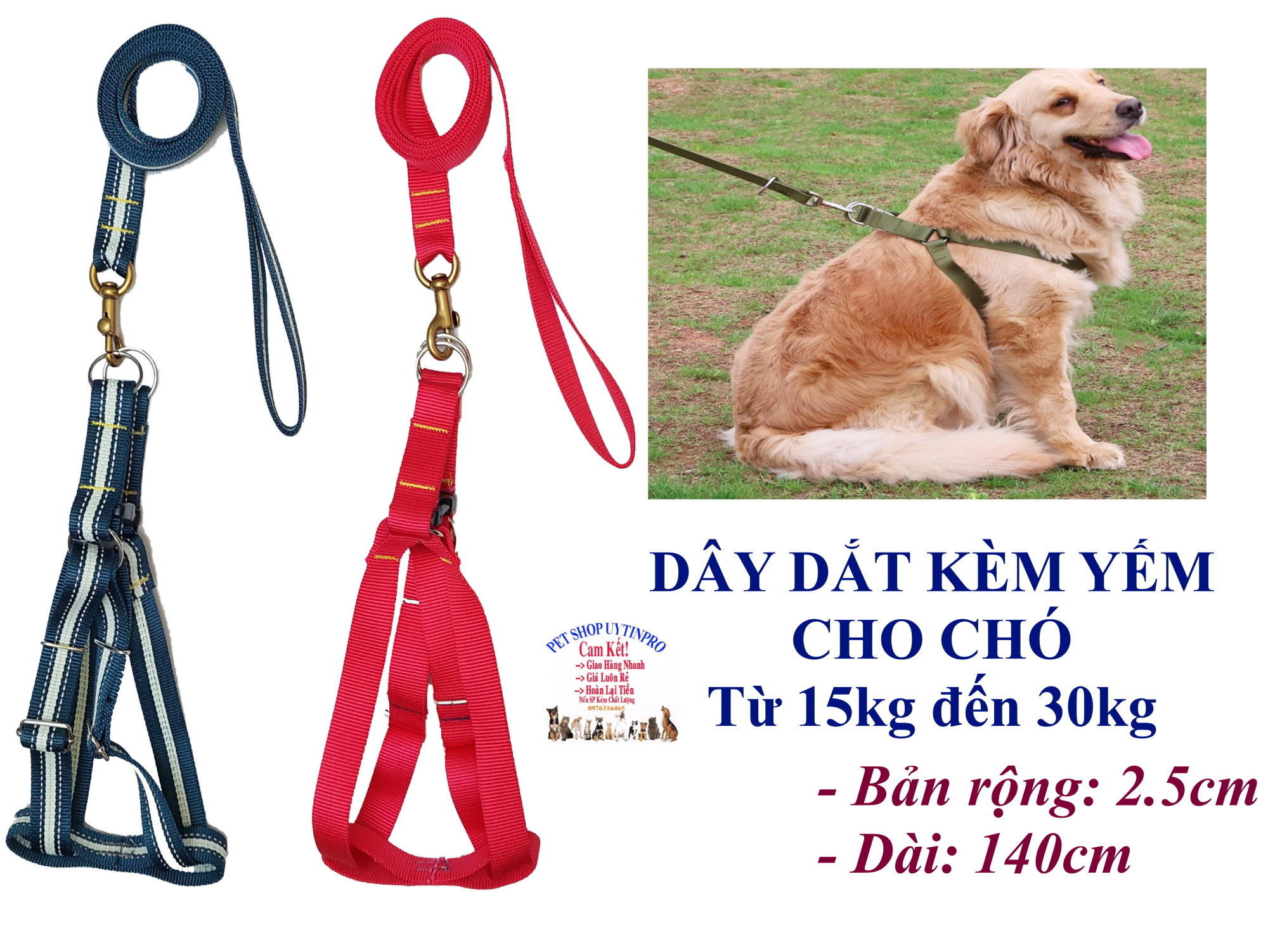 Dây dắt kèm yếm cho Chó Mèo từ 15kg đến 30kg Bản rộng 2.5cm Dài 140cm Chất liệu dù cao cấp, chắc chắn, An toàn