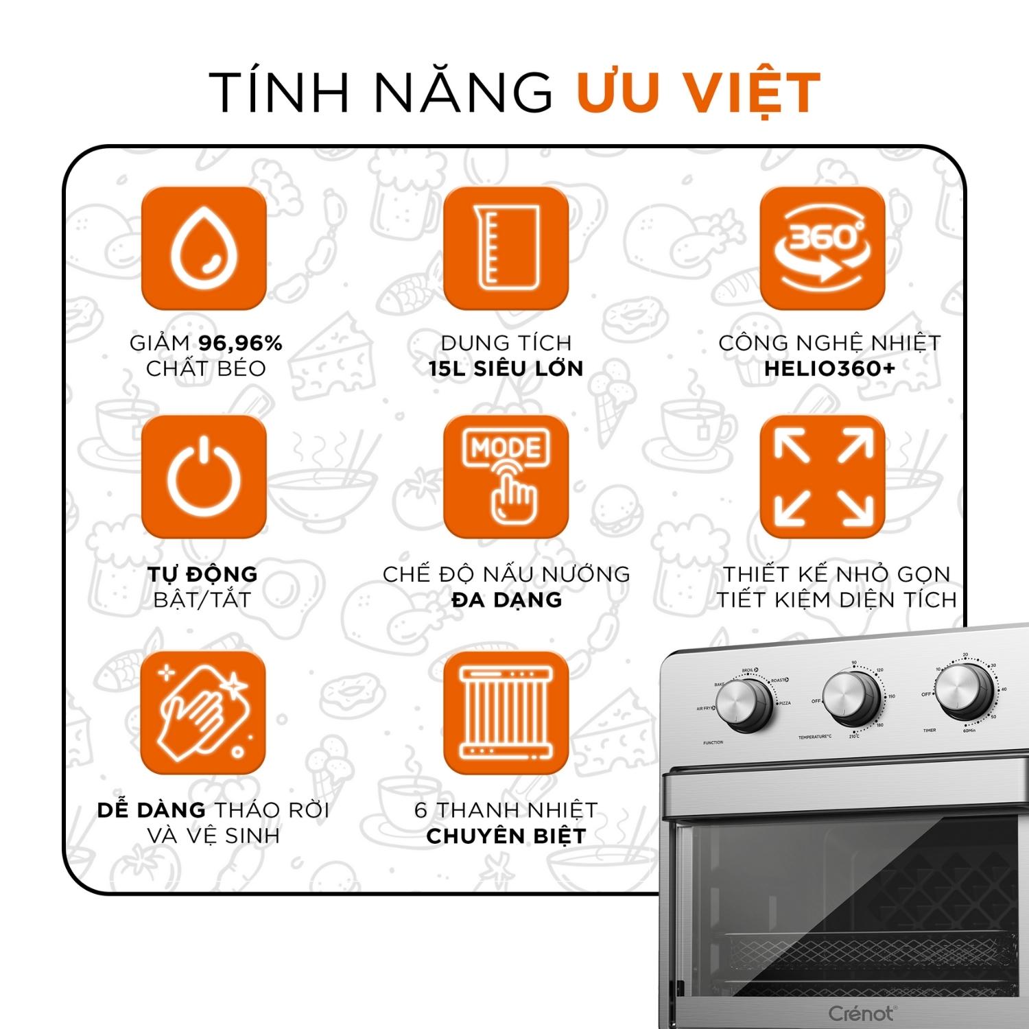 Nồi Chiên Không Dầu Crenot Foodie F15 Lò Chiên Bếp Nướng Điện Đa Năng Điều Khiển Núm Cơ Tiết Kiệm Điện - Hàng Chính Hãng