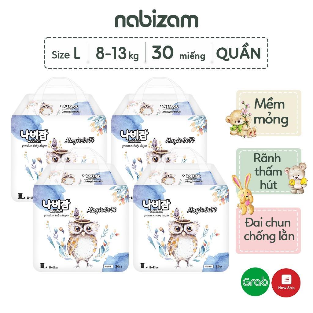 COMBO 4 Tã/Bỉm Quần NABIZAM Magic Soft Nội Địa Hàn Với Công Nghệ Thấm Hút Ngược Size L Cho Bé Từ 8-13kg, 30 Miếng/Bịch