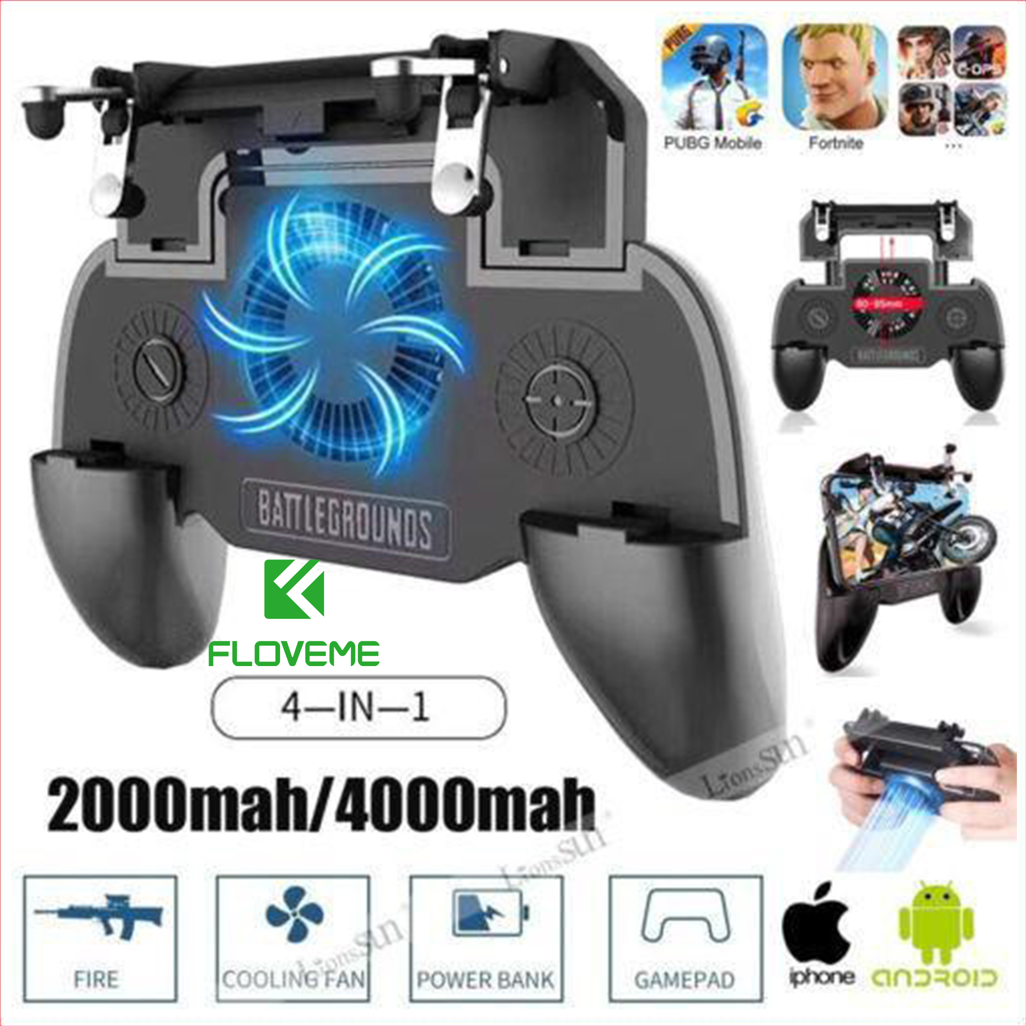 Tay Cầm Chơi Game Tích Hợp - Kèm Sạc Pin 2000Mah Floveme PUBG ROS FF nút bắn có quạt tản nhiệt SR3 - Hàng chính hãng