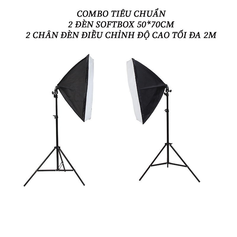 Bộ chân đèn đứng Chụp Ảnh Sản Phẩm, Studio, quay phim, Livestream chuyên nghiệp, chân đèn cao 2m kèm Softbox 50x70cm, đầy đủ dây cắm và công tắc đèn ( không kèm bóng)