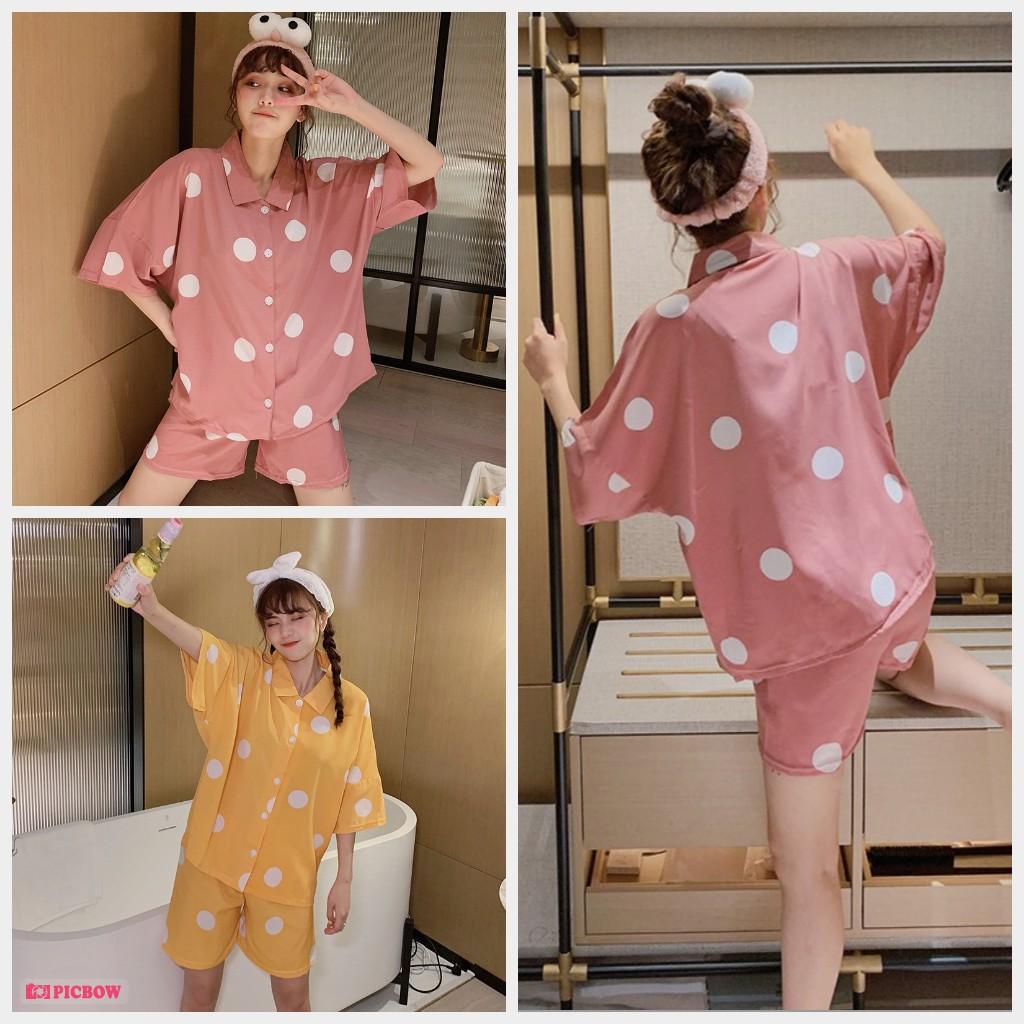 Pijama Nữ - Đồ Bộ Mặc Nhà Cộc Cánh Dơi Vải Mát Màu Hồng Và Vàng Họa Tiết Chấm Bi CCCP14