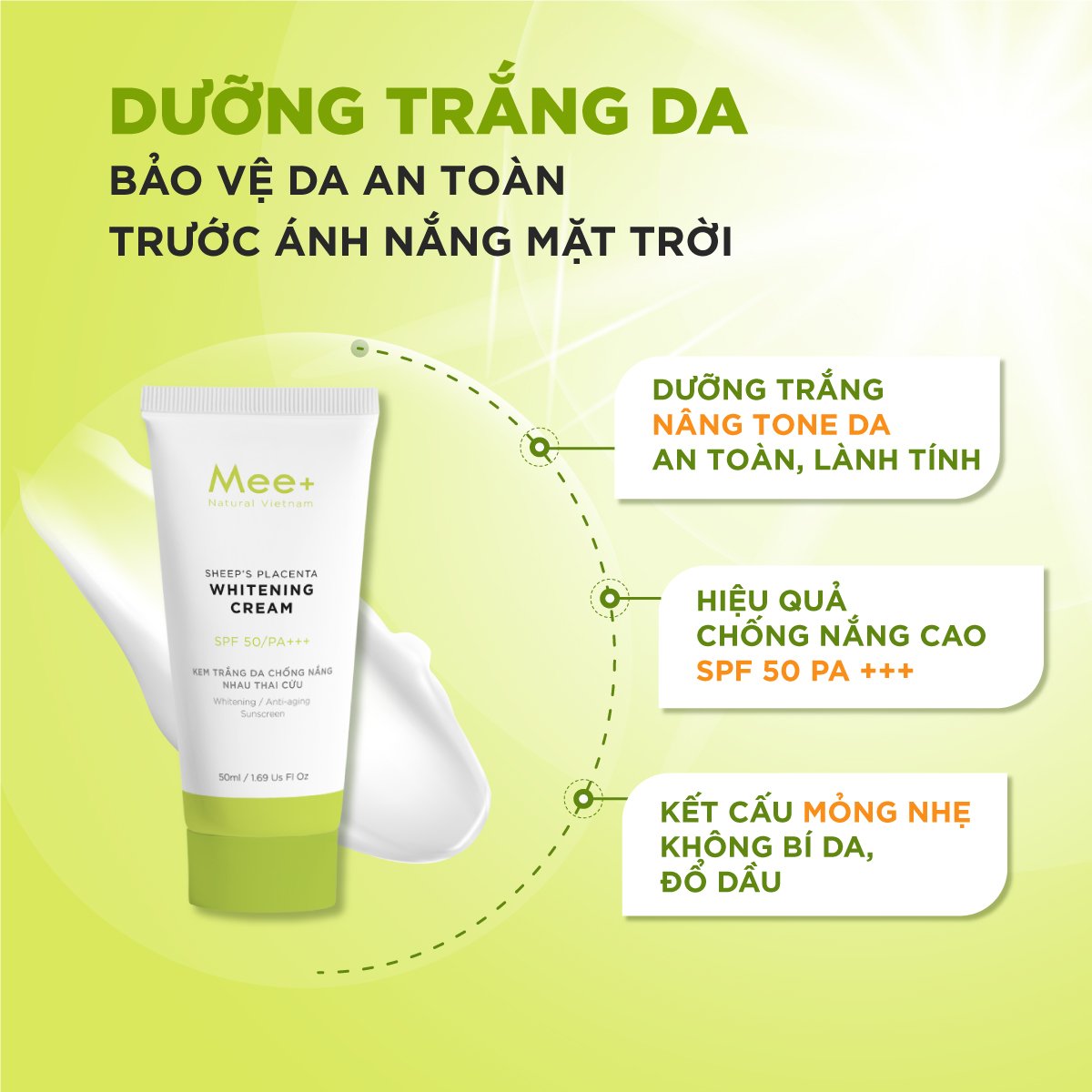 Kem trắng da chống nắng nhau thai cừu SPF 50 PA+++ chống UV dưỡng da trắng mịn, nâng tông MEE NATURAL 50ml