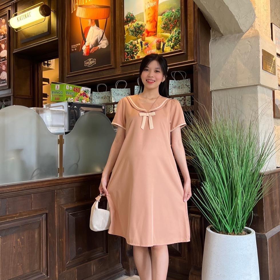 Đầm bầu cotton lạnh cổ sen đính nơ viền cách điệu dễ thương - Đen