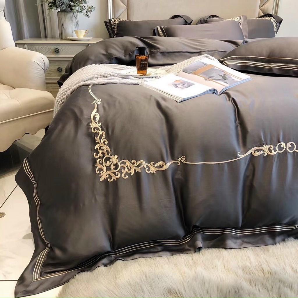 Bộ chăn ga gối cao cấp tencel 100s thêu hoàng gia 4 món ghi đậm