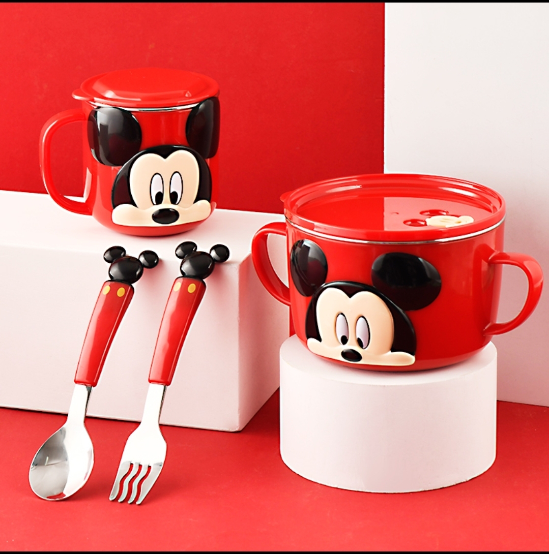 Set 4 món tô muỗng nĩa ly giữ nhiệt inox Disney Mickey cho trẻ em