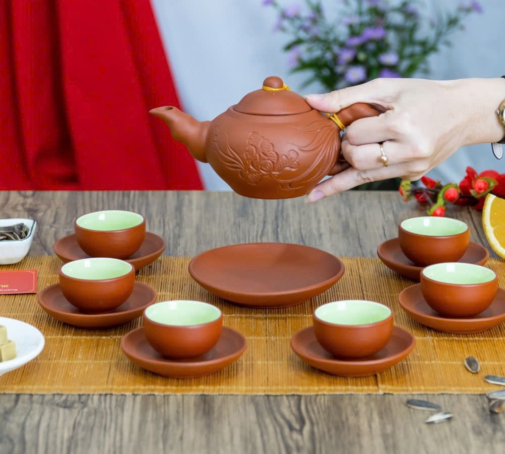 Bộ Ấm Trà Tử Sa Khắc Lá Trúc Cao Cấp – 1 Ấm 6 Chén 6 Đĩa, Phong Cách Trà Đạo, Quà Tặng Sang Trọng - HÀNG CHÍNH HÃNG MINIIN