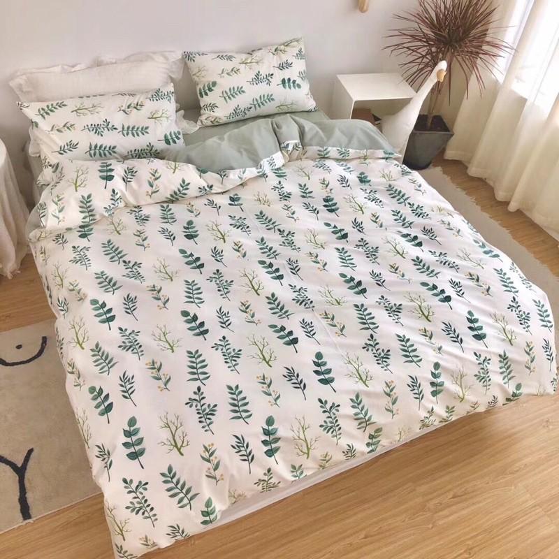 Bộ Chăn Ga Gối Cotton Living 100%cotton Hàng Nhập Khẩu Cao Cấp 4 Món Lá Xanh