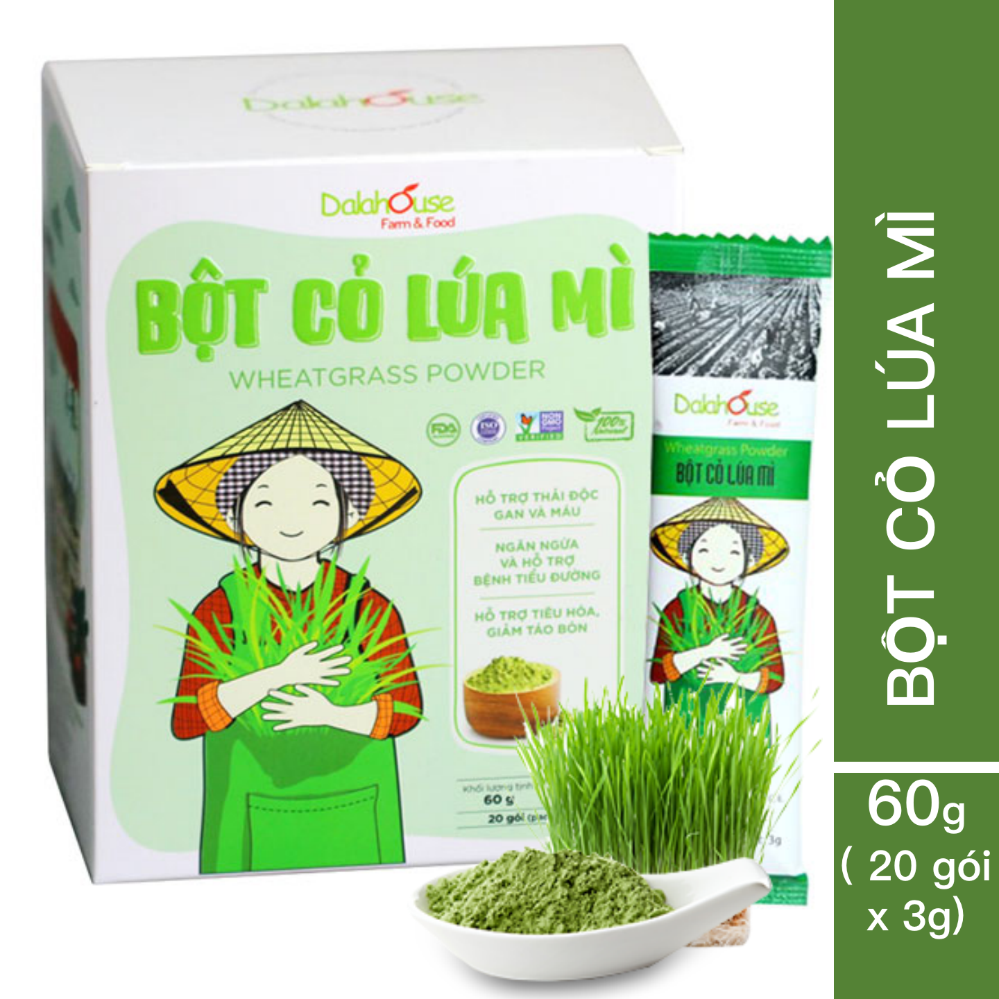 Bột cỏ lúa mì Dalahouse Hộp 60g Nguyên chất sấy lạnh - Tốt cho tim mạch - Đạt chuẩn Châu Âu