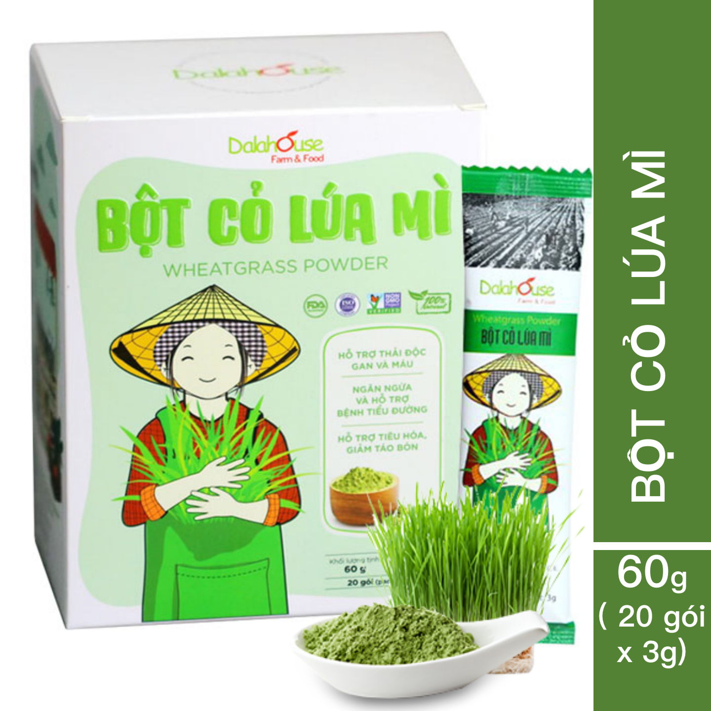 Bột cỏ lúa mì Dalahouse Hộp 60g (Mẫu mới gồm 20 tuýp tiện dụng) Nguyên chất sấy lạnh - Tốt cho tim mạch - Đạt chuẩn Châu Âu