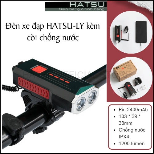 Đèn xe đạp HATSU-LY kèm còi chống nước, sạc USB, dung lượng pin 2400MAH - âm vang 120 DP - cảnh báo an toàn