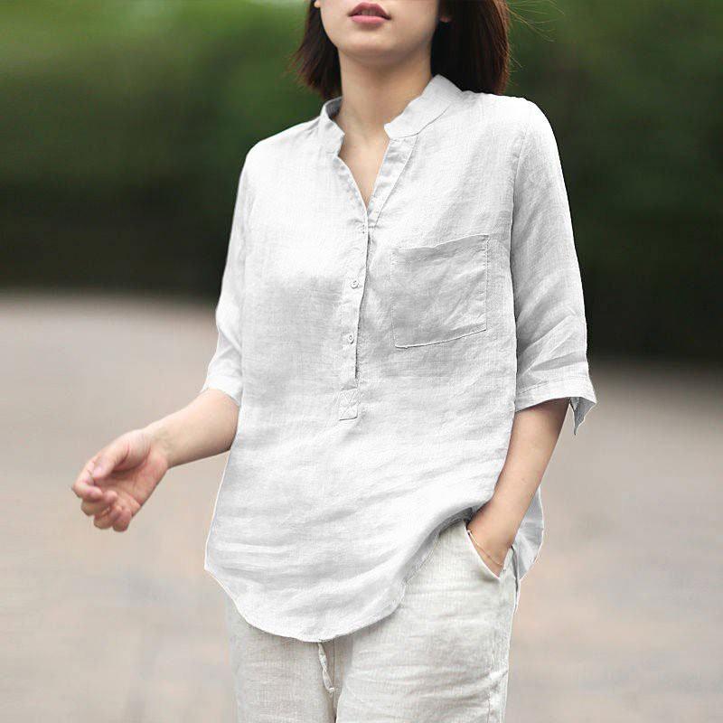 Áo sơ mi cổ trụ tay lỡ dáng xuông thời trang Hàn Quốc