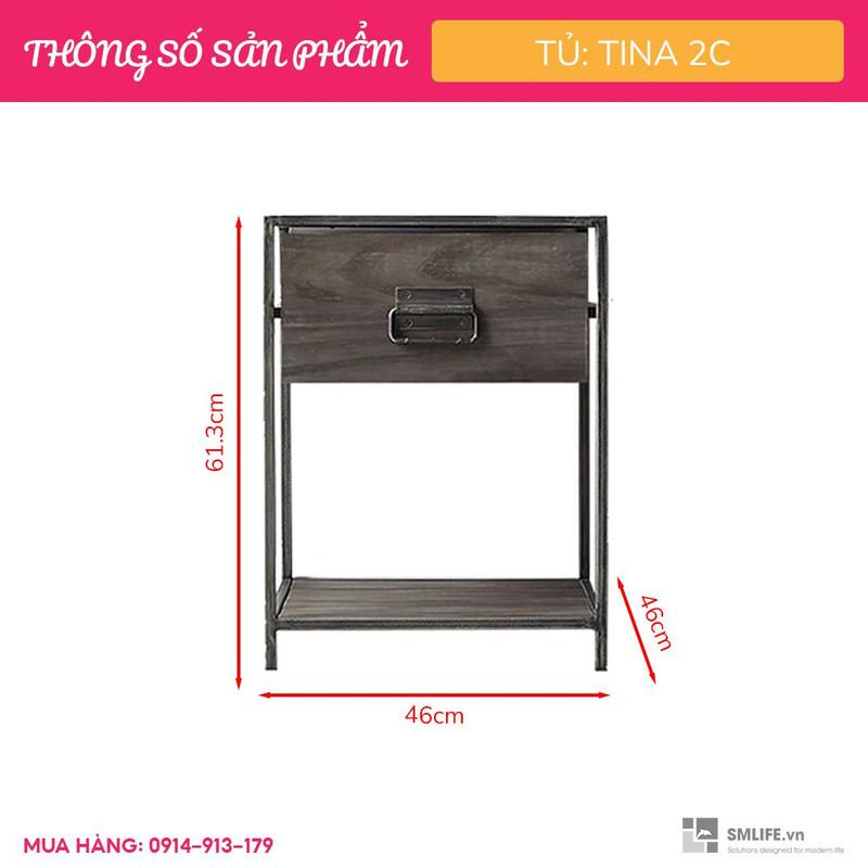 Tủ đầu giường decor sang trọng SMLIFE Tina 2C | D46,0 x R46,0 x C61,3cm | gỗ thông và thép tĩnh điện
