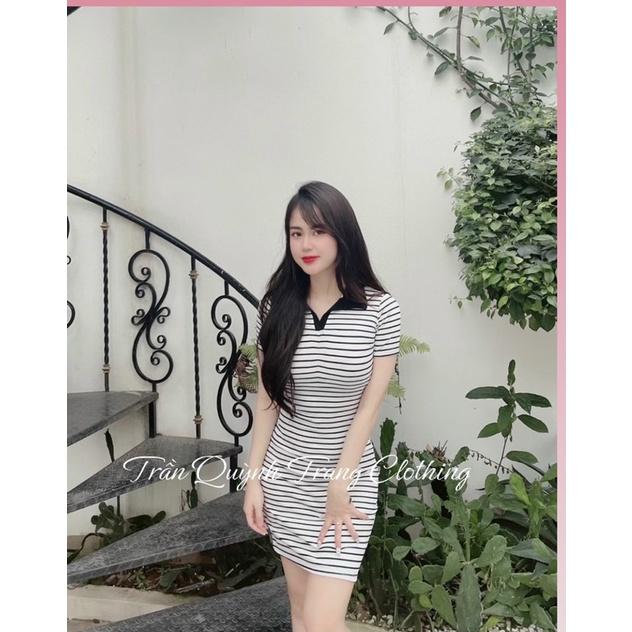 Váy,đầm body kẻ đen trắng cổ đức,cotton co dãn