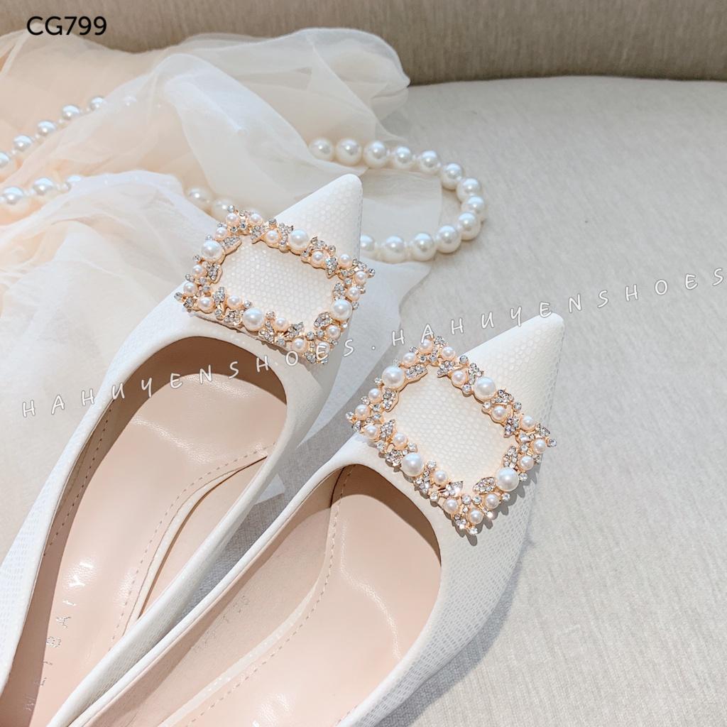 Giày cao gót nữ mũi nhọn Hà Huyền Shoes da sần gót nhọn 5 phân đính ngọc chữ nhật sang chảnh - CG799