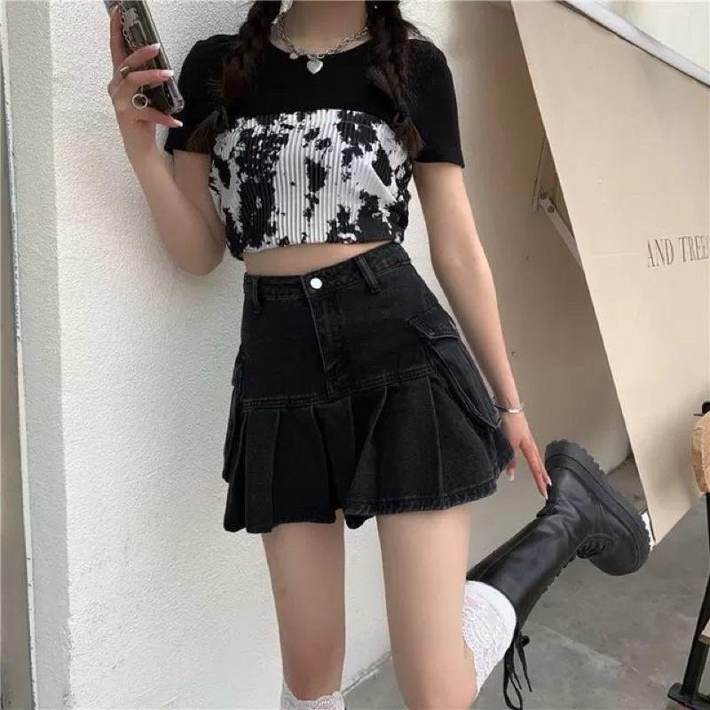 (SẴN L, XL) CHÂN VÁY JEAN XOÈ XẾP LY PHONG CÁCH RETRO V6