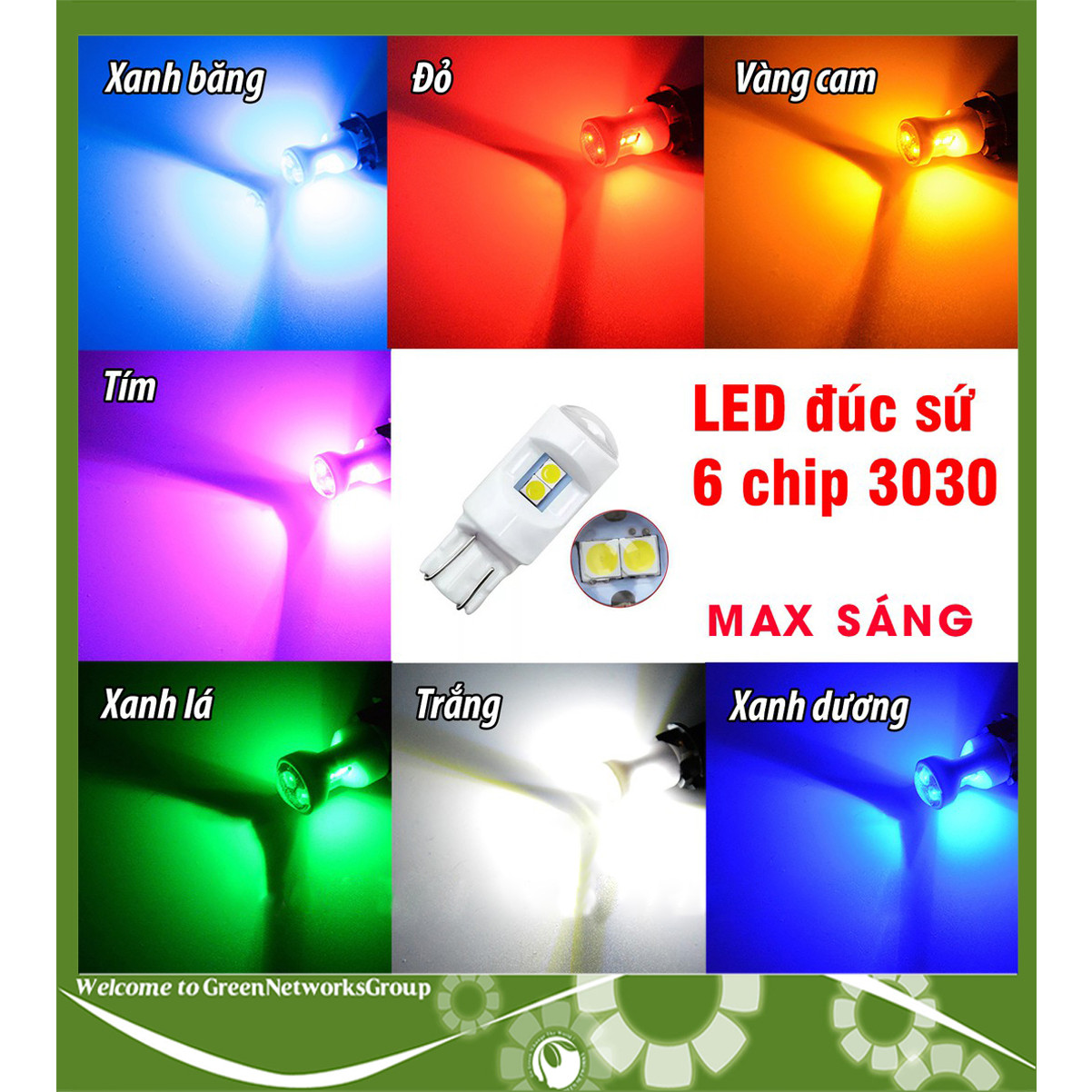 Đèn xi nhan LED T10 đúc sứ - xi nhan demi cho xe máy T10 6 Led DC 12V Green Networks Group
