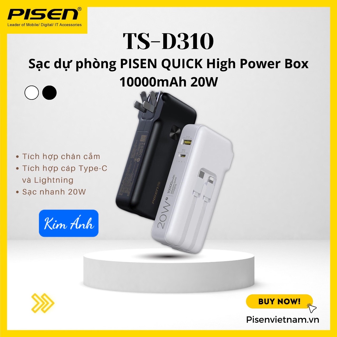 Sạc dự phòng Pisen Quick High Power Box 10000mAh 20W (TS-D310)-Điện bá đạo 9, kèm chân cắm, kèm cáp sạc, Hàng chính hãng