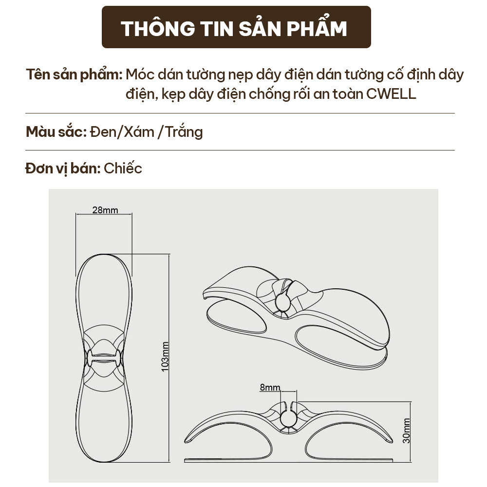 Móc dán tường, nẹp dây điện dán tường cố định dây điện, kẹp dây điện chống rối an toàn CWELL