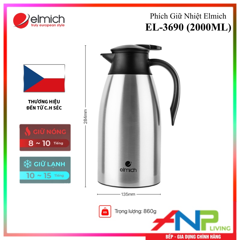 Bình Giữ Nhiệt 3 Lớp, Inox 304 Tráng Bạc Elmich El - 3689 Dung Tích 1500Ml El - 3690 Dung Tích 2000Ml - Hàng Chính Hãng - El - 3690 2000Ml
