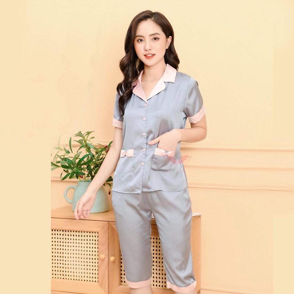 Freeship Bộ pijama lụa satin quần lửng phối cổ cao cấp